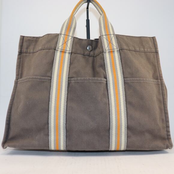 Hermès Fourre Tout PM Tote Bag Gray Canvas Tan Stripes - Picture 1 of 12